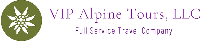 VIP Alpine Tours, LLC logo with a stylized white flower in a green circle and the text: "VIP Alpine Tours, LLC - Full Service Travel Company.