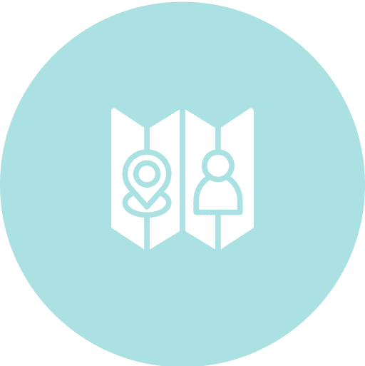1 (1) White icon of a map with a location pin and a person symbol on a light blue circular background.