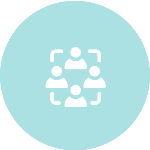 White icon of four people inside a border forming a square, centered on a light blue circular background.