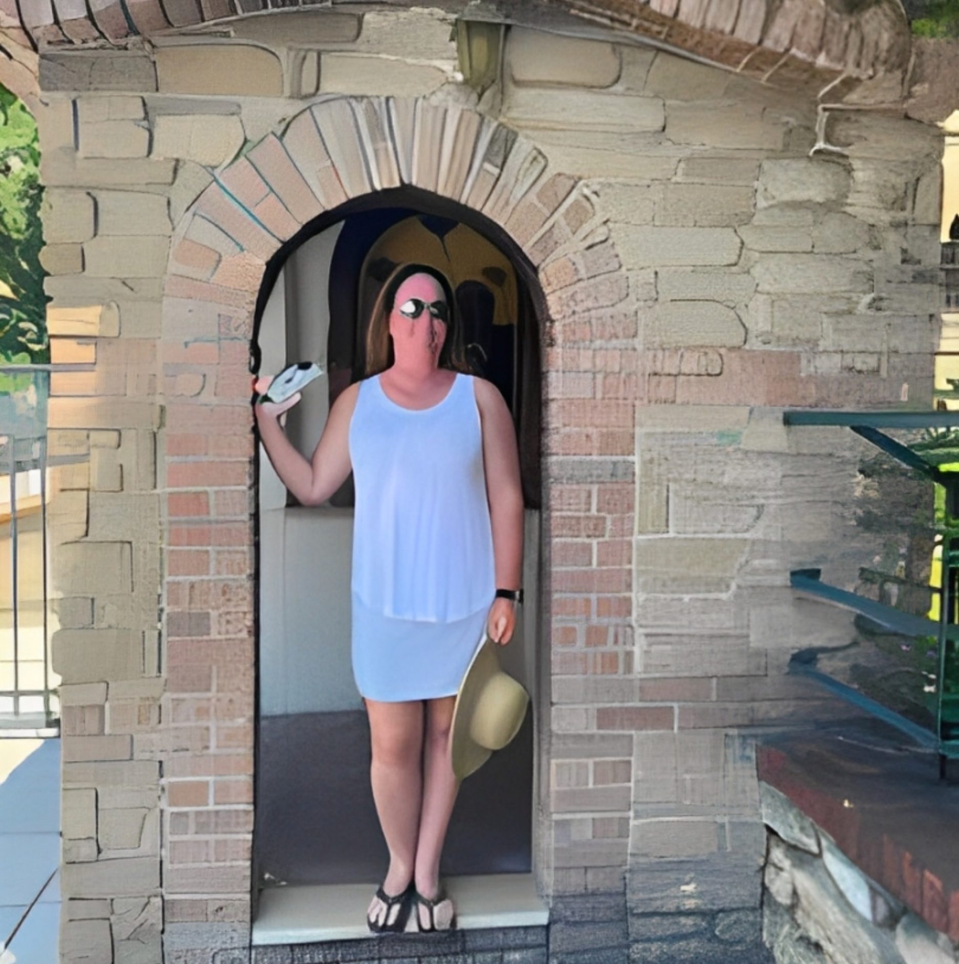 A person in a white sleeveless dress and sunglasses stands in a small stone doorway, holding a hat and a pair of sandals.