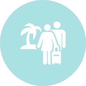 Custom Vacations Icon of two people standing together with a suitcase near a palm tree, representing travel or vacation.