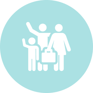 Family Getaways White icon of three people waving, one holding a suitcase, on a light blue circular background.