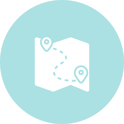 White map icon with two location pins connected by a dotted line, centered on a light blue circular background.