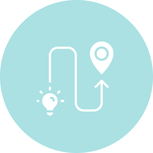 White icon of a lightbulb connected by a winding arrow to a location pin on a light blue circular background.