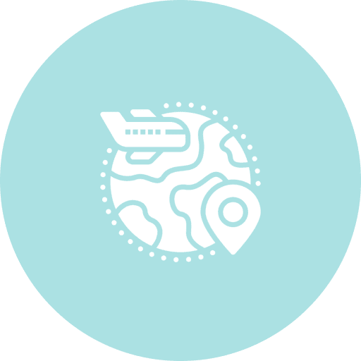 White icon of an airplane flying over a globe with a location pin, set against a light blue circular background.