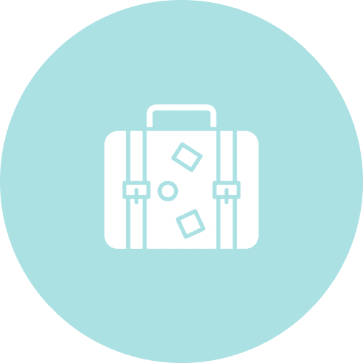 White suitcase icon with travel stickers on a light blue circular background.