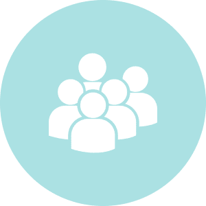 Group Experiences White icon of five people figures grouped together on a light blue circular background.