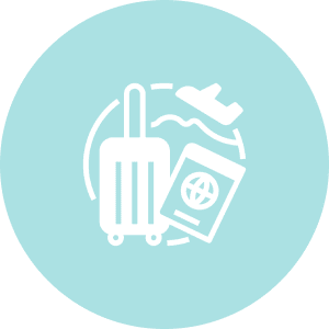 Guided Tours White icons of a suitcase, passport, and airplane on a light blue circular background, representing travel or vacation.